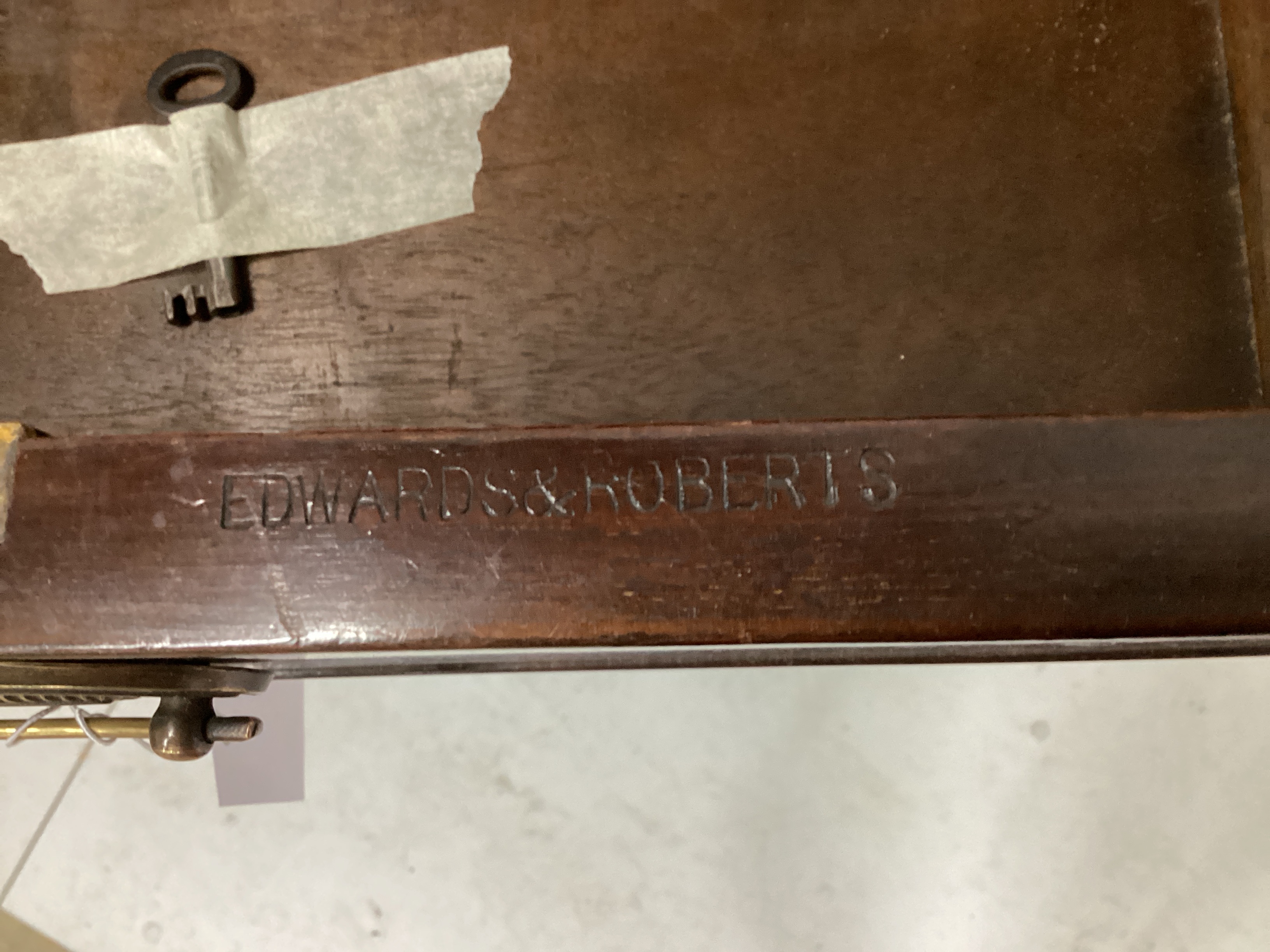 A George III style banded mahogany five drawer chest stamped Edwards and Roberts, width 106cm, depth 54cm, height 102cm
